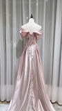 Pink Off-the-shoulder A-Line Satin Long Evening Dresses Sweet 16 Prom Dresses HZ1024