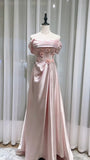 Pink Off-the-shoulder A-Line Satin Long Evening Dresses Sweet 16 Prom Dresses HZ1024