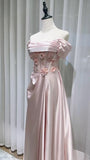 Pink Off-the-shoulder A-Line Satin Long Evening Dresses Sweet 16 Prom Dresses HZ1024