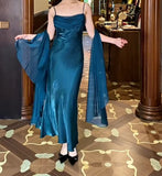 Gothic Spaghetti Straps Party Dresses Vintage Teal Glitter Satin Evening Dresses HZ1024