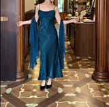 Gothic Spaghetti Straps Party Dresses Vintage Teal Glitter Satin Evening Dresses HZ1024