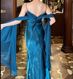 Gothic Spaghetti Straps Party Dresses Vintage Teal Glitter Satin Evening Dresses HZ1024