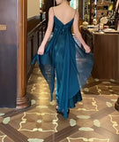 Gothic Spaghetti Straps Party Dresses Vintage Teal Glitter Satin Evening Dresses HZ1024
