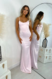 Pink Satin Mermaid Spaghetti Straps Evening Dress Sexy Backless Prom Dress for Party HZ1024
