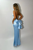 Mermaid Pink Backless Long Evening Dresses Spaghetti Straps Party Dresses with Bowknot HZ1024
