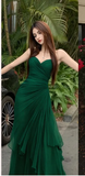 Mermaid Dark Green Sweetheart Tulle Long Prom Dresses Formal Evening Dresses with Rufflest HZ1024