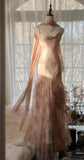 Spaghetti Straps Printed Chiffon Sheath Sparkling Beaded Evening Dress HZ1024