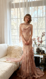 Spaghetti Straps Printed Chiffon Sheath Sparkling Beaded Evening Dress HZ1024