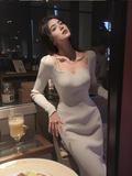 Square Neck Long Sleeve Hip-wrapped Knitted Dress HZ1024