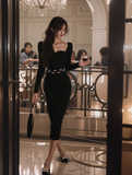 Square Neck Long Sleeve Hip-wrapped Knitted Dress HZ1024