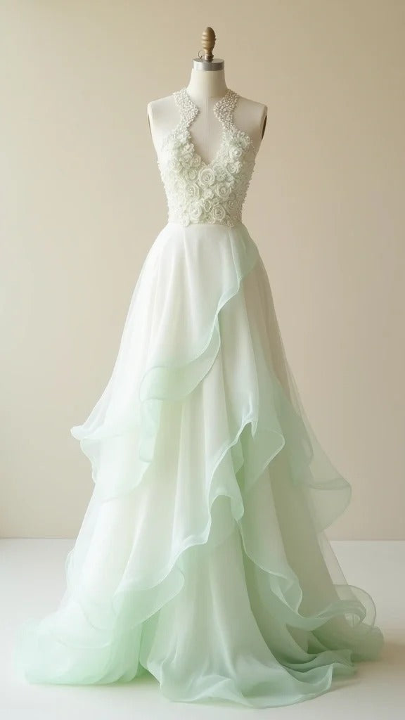Gradient Light Green V neck A-Line Tulle Long Prom Dresses Sweet Beaded Applique Formal Evening Dress HZ1024