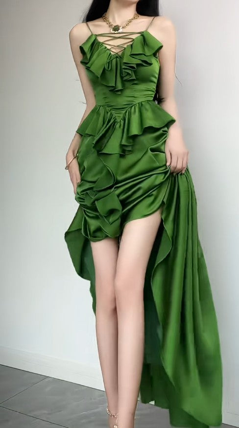 Sapphire Blue Spaghetti Strap Simple Satin V-Neck A-Line Party Dress HZ1024