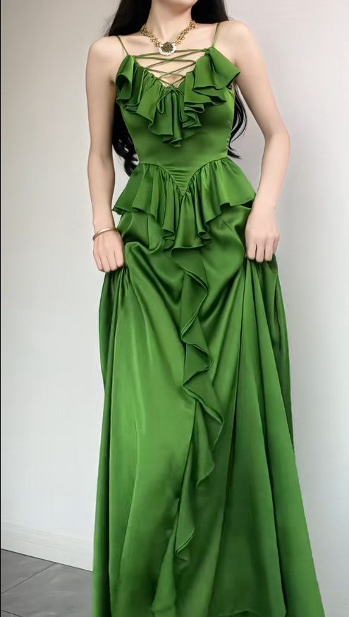 Sapphire Blue Spaghetti Strap Simple Satin V-Neck A-Line Party Dress HZ1024
