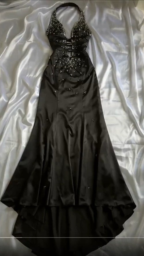Black Deep V Neck Satin Mermaid Party Dresses Vintage Backless Beaded Evening Dress HZ1024