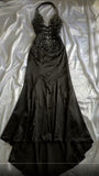 Black Deep V Neck Satin Mermaid Party Dresses Vintage Backless Beaded Evening Dress HZ1024