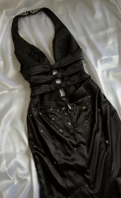 Black Deep V Neck Satin Mermaid Party Dresses Vintage Backless Beaded Evening Dress HZ1024
