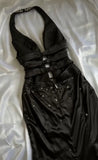 Black Deep V Neck Satin Mermaid Party Dresses Vintage Backless Beaded Evening Dress HZ1024