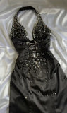 Black Deep V Neck Satin Mermaid Party Dresses Vintage Backless Beaded Evening Dress HZ1024