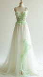 White Tulle V-neck A-Line Long Prom Dresses with Beading Formal Evening Dress HZ1024