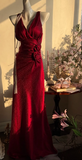 Burgundy Mermaid Jacquard Satin V-neck Evening Dress Simple Prom Dress HZ1024