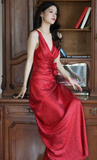 Burgundy Mermaid Jacquard Satin V-neck Evening Dress Simple Prom Dress HZ1024