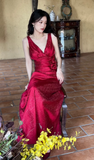 Burgundy Mermaid Jacquard Satin V-neck Evening Dress Simple Prom Dress HZ1024