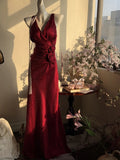 Burgundy Mermaid Jacquard Satin V-neck Evening Dress Simple Prom Dress HZ1024