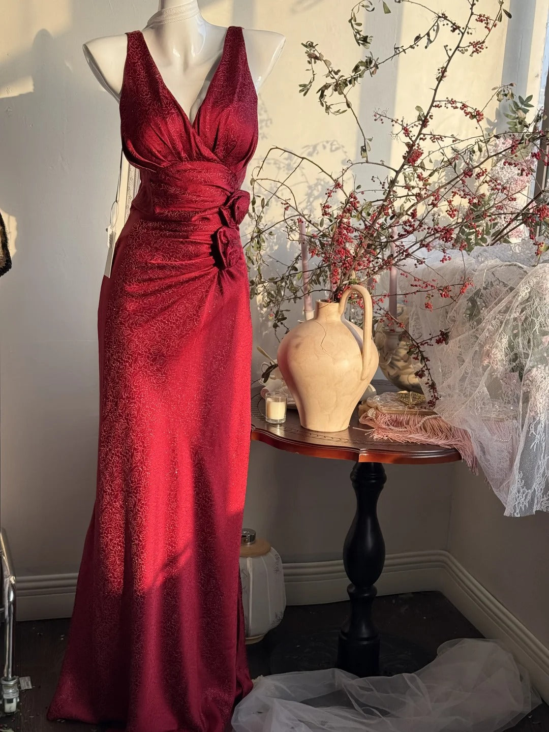 Burgundy Mermaid Jacquard Satin V-neck Evening Dress Simple Prom Dress HZ1024