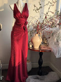 Burgundy Mermaid Jacquard Satin V-neck Evening Dress Simple Prom Dress HZ1024