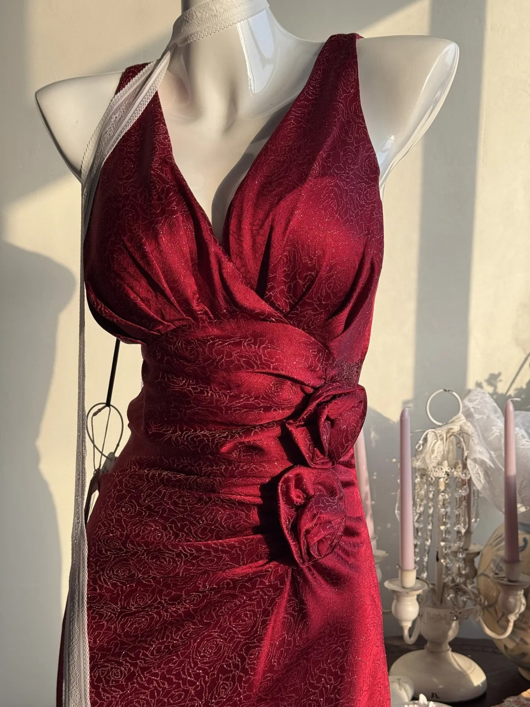 Burgundy Mermaid Jacquard Satin V-neck Evening Dress Simple Prom Dress HZ1024