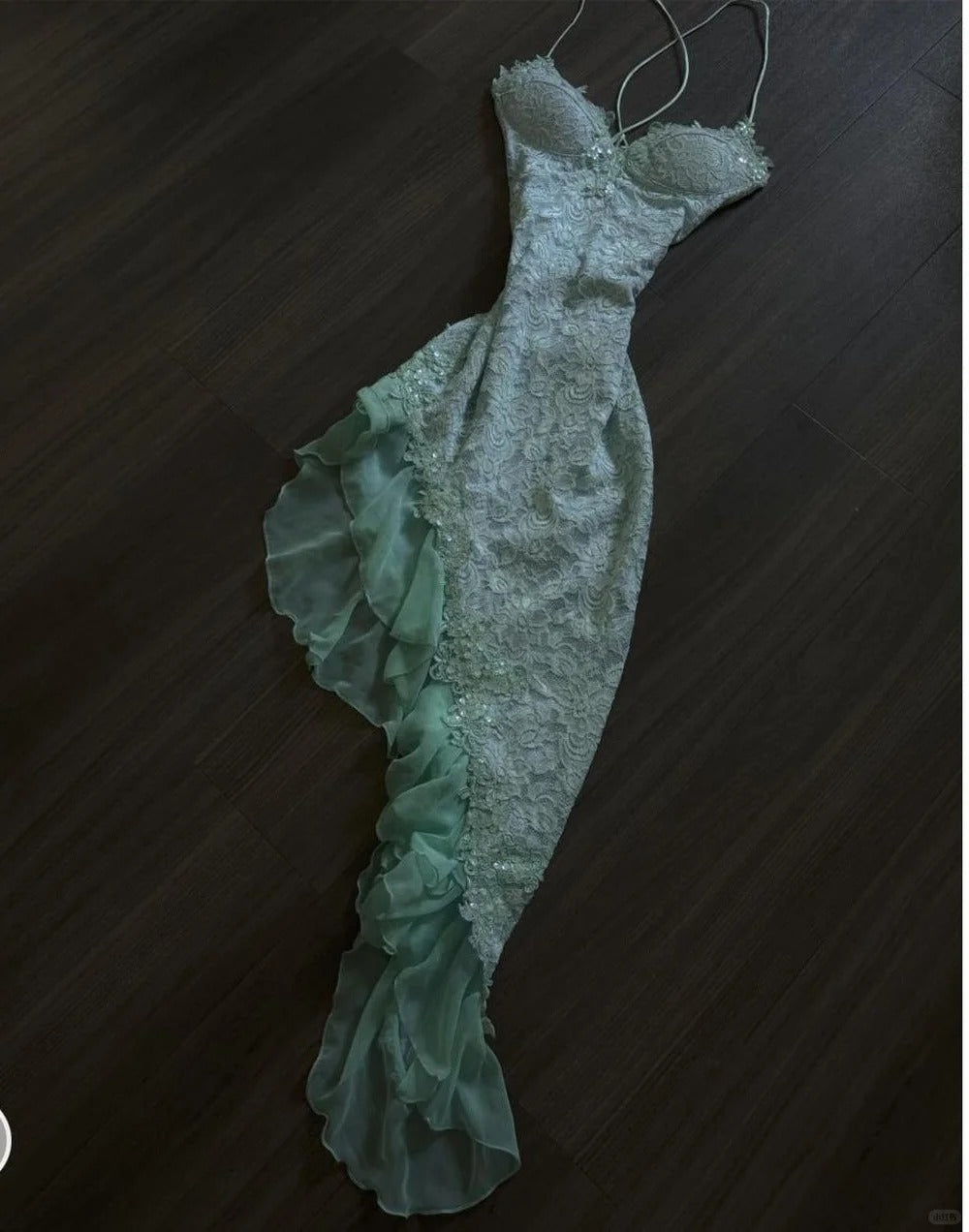 Mint Green Spaghetti Straps Bodycon Chiffon Prom Dresses Lace Applique Sweet Party Dresses HZ1024