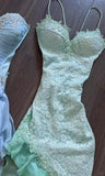 Mint Green Spaghetti Straps Bodycon Chiffon Prom Dresses Lace Applique Sweet Party Dresses HZ1024