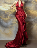 Burgundy Halter Satin Mermaid Train Prom Dresses Elegant Beaded Formal Evening Dress with Slit HZ1024