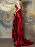 Burgundy Halter Satin Mermaid Train Prom Dresses Elegant Beaded Formal Evening Dress with Slit HZ1024