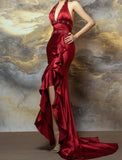Burgundy Halter Satin Mermaid Train Prom Dresses Elegant Beaded Formal Evening Dress with Slit HZ1024