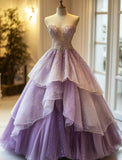 Gradient Purple Sweetheart Neck Tulle Beaded A-Line Long Prom Dress HZ1024