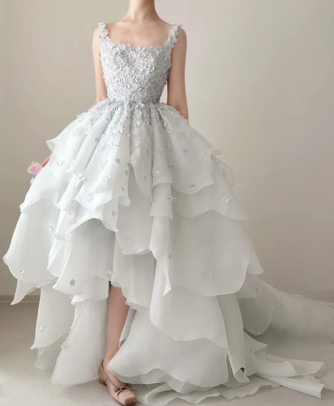 Spaghetti Straps A-Line Open Back Chiffon Layered Train Wedding Dresses HZ1024