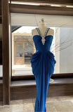 Blue V-neck Chiffon Bodycon Party Dresses Elegant Rhinestone Evening Dresses HZ1024