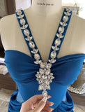 Blue V-neck Chiffon Bodycon Party Dresses Elegant Rhinestone Evening Dresses HZ1024