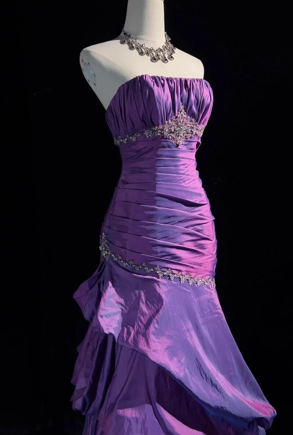 Strapless Mermaid Taffeta Long Prom Dresses Purple Long Formal Dresses Elegant Evening Dresses with Beadings HZ1024