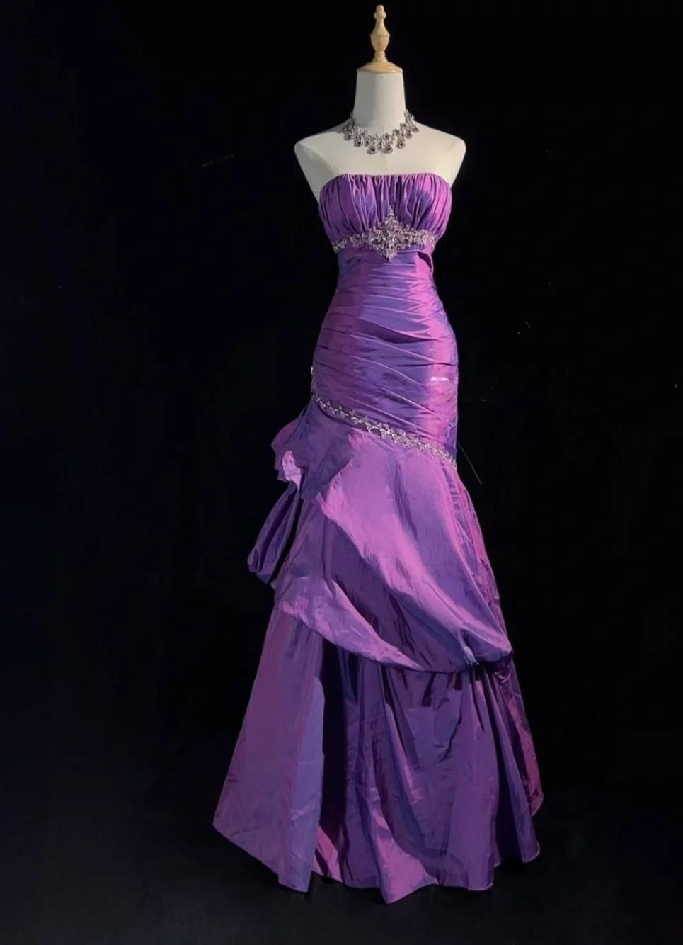 Strapless Mermaid Taffeta Long Prom Dresses Purple Long Formal Dresses Elegant Evening Dresses with Beadings HZ1024