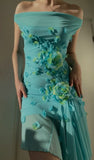 16 Blue Off-shoulder Chiffon Bodycon Short Party Dresses 3D Applique Enchanted Homecoming Dresses HZ1024