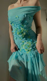 16 Blue Off-shoulder Chiffon Bodycon Short Party Dresses 3D Applique Enchanted Homecoming Dresses HZ1024