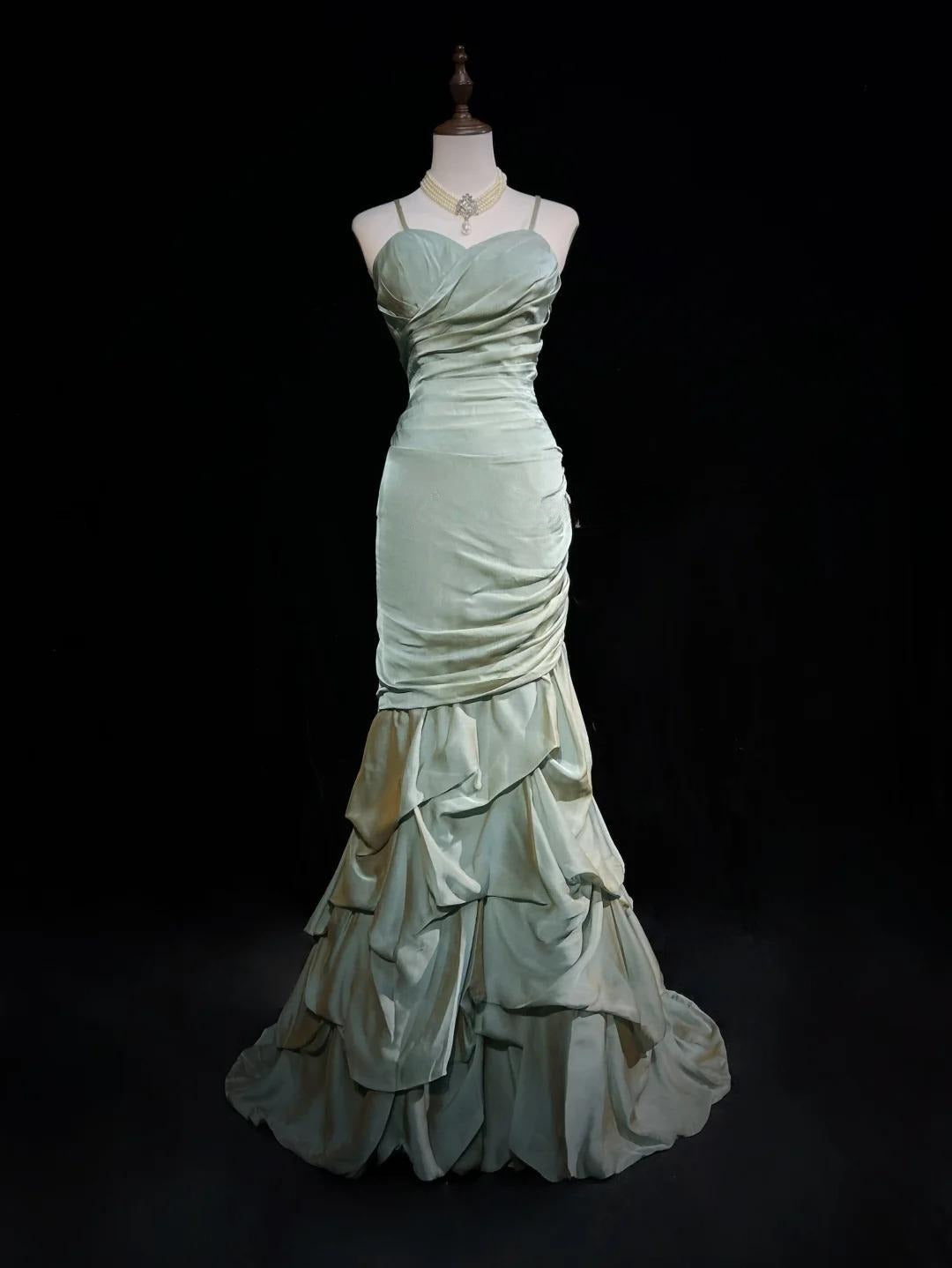 Green Spaghetti Straps Mermaid Satin Long Prom Dresses Sweet 16 Formal Evening Dresses HZ1024