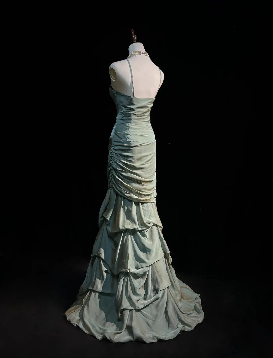 Green Spaghetti Straps Mermaid Satin Long Prom Dresses Sweet 16 Formal Evening Dresses HZ1024