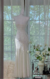 Gothic White Mermaid Chiffon Spaghetti Straps Party Dresses Elegant Shiny Beaded Evening Dresses HZ1024