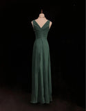 Dark Green V-neck Chiffon A-Line Bridesmaids Dress, Elegant Evening Dress HZ1024