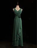 Dark Green V-neck Chiffon A-Line Bridesmaids Dress, Elegant Evening Dress HZ1024