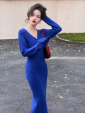 retro Klein blue V neck hip-wrapped knitted dress HZ1024