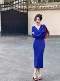 retro Klein blue V neck hip-wrapped knitted dress HZ1024
